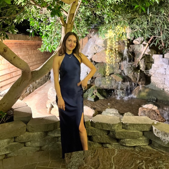 Midnight blue satin halter evening gown - Picture 2 of 8